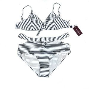 NWT Vigoss High Waist Two Piece Swim Suit Glitter Blue White Stripes / Metallic